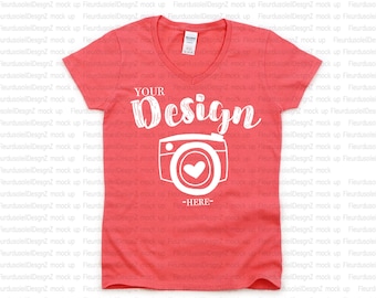 Gildan 5V00L Coral Silk Heavy Cotton Women's V-Neck T-Shirt TShirt Mockup,Flat Lay Shirt Mock Up,Modern Shirt Mockup t-shirt mockup gildan