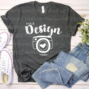 Bella Canvas 3001 Dark Grey Heather Mockup | Real T-Shirt Flat Lay | BC3001 Grey Tee Mock Up | Boho Aesthetic Flatlay