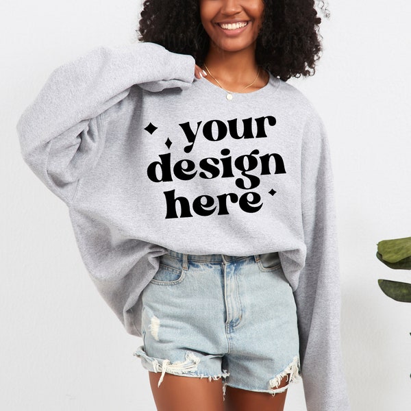 Gildan 18000 Sport Grey Sweatshirt Mockup Trendy Minimalist Sweater Pullover Mock G180 Grey Crewneck Mock-up Real Model Mock