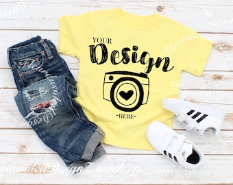 kids t shirt mockup Bella Canvas 3001T Yellow T-Shirt Jersey Unisex T-Shirt Toddler  Flat Lay kids tee mockup boy mockup t-shirt mockup kids
