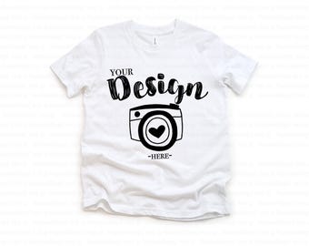 Bella Canvas 3001Y Youth White Jersey Short-Sleeve T-shirt Flat Lay T-Shirt Mock Up Mock Up Flat Lay