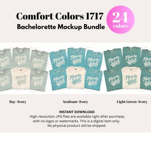 May include: A mockup bundle of Comfort Colors 1717 t-shirts in various colors, including bay, seafoam, and light green, each with the text "Fleur du Soleil". The image includes a pink circle with the number "24" and the word "colors".
