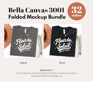 May include: A mockup bundle featuring two folded Bella Canvas 3001 t-shirts, one asphalt and one black, each with a "Fleur du Soleil" design. The image includes a brown hat and text indicating 32 color options. The text "Mockup Studio" is also visible.