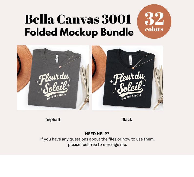 May include: A mockup bundle featuring two folded Bella Canvas 3001 t-shirts, one asphalt and one black, each with a "Fleur du Soleil" design. The image includes a brown hat and text indicating 32 color options. The text "Mockup Studio" is also visible.