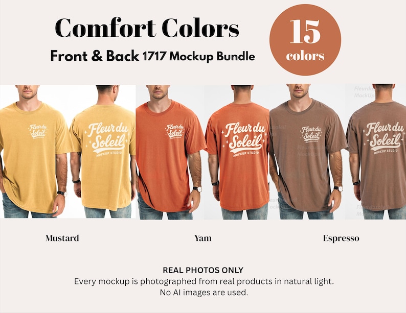 Comfort Colors 1717 Mockup-paket | Herr C1717 T-shirt-mockups fram och bak | Skjorta-mockup för riktig manlig modell | Enkelt och avslappnat estetiskt foto bild 3