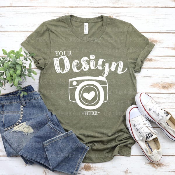 Maqueta de camiseta Bella Canvas 3001 verde oliva jaspeado / Maqueta de Bella Canvas / Maqueta de camiseta de otoño / Maqueta de camiseta plana con fondo blanco
