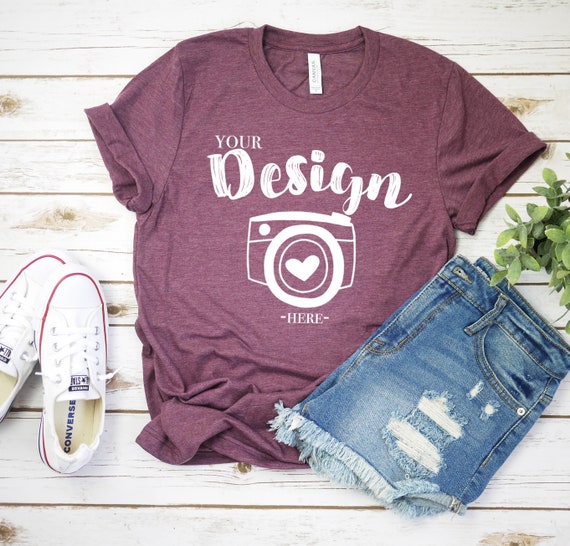 Bella Canvas 3001 Heather Maroon Flat Lay Mockup T Shirt Etsy
