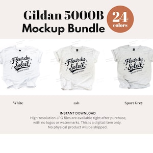 May include: A mockup bundle showcasing three Gildan 5000B t-shirts in white, ash, and sport grey. Each shirt has the "Fleur du Soleil" logo. The image includes text indicating 24 colours are available and that it is an instant download.