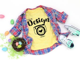 Easter Kids Shirt Mockup Bella Canvas 3001T Yellow T-Shirt Jersey Unisex T-Shirt Toddler Flat Lay kids tee mockup t-shirt mockup kids