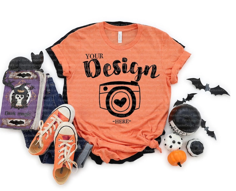 Bella Canvas 3001 Halloween Mockup Bundle, 4 Mockups Pack, BC3001 Tee, Simple Minimal Neutral Basic Plain Background Mockup, Real Photo image 4