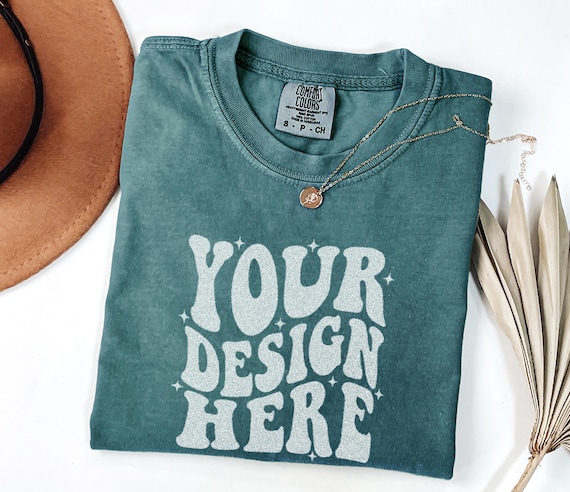 Comfort Colors C1717  Blue Spruce Shirt Flat Lay Mockup | CC 1717 Green Tshirt Mock-up | Real Photo Basic Plain Flatlay