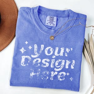 Comfort Colors C1717 Flo Blue Shirt Mockup | Flat Lay T-Shirt Mockup | Flo Blue Comfort Colors Tee Display | Lifestyle Shirt Mockup