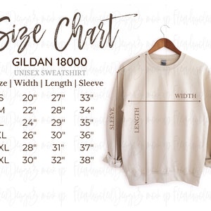 Gildan 18000 Größentabelle | Größentabelle für Gildan | Gildan 1800 Mockup und Größentabelle | Weißer Hintergrund Gildan 18000 Größentabelle