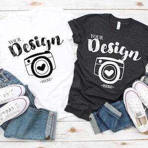 Family Blank White T-Shirt Bella Canvas 3001 White & Dark grey heather Mock Up Shirts Family Flat Lay bella canvas mockup Family Flat Couple