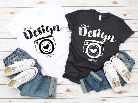 Family Blank White T-Shirt Bella Canvas 3001 White & Dark grey heather Mock Up Shirts Family Flat Lay bella canvas mockup Family Flat Couple