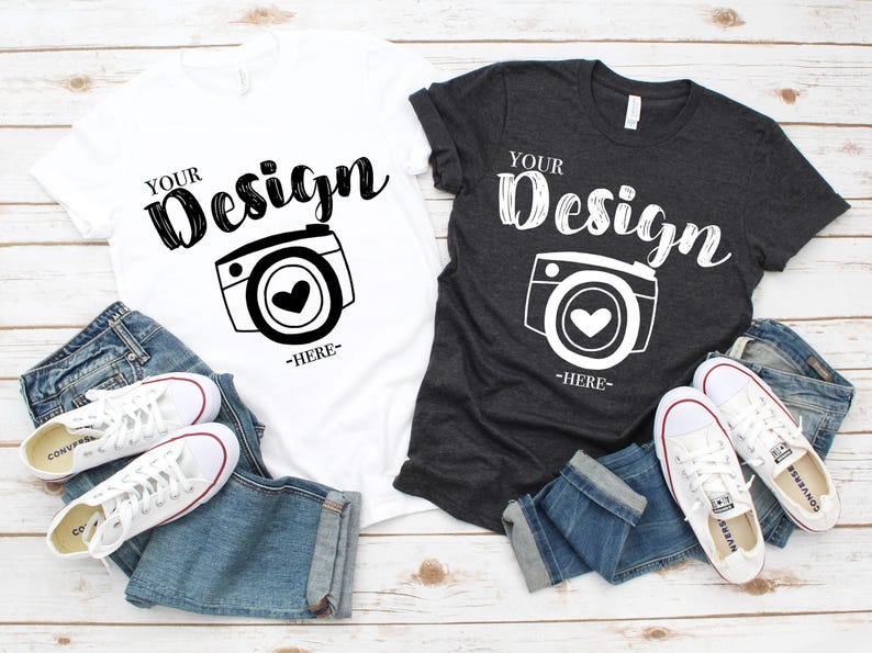 Family Blank White T-Shirt Bella Canvas 3001 White & Dark grey heather Mock Up Shirts Family Flat Lay bella canvas mockup Family Flat Couple