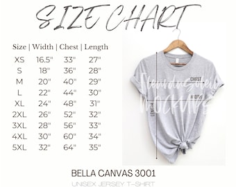 Bella Canvas 3001 Size Chart | tshirt Size Chart | Unisex Jersey Shirt Size Guide | T-shirt Sizing Chart | Shirt Measurement | Digital