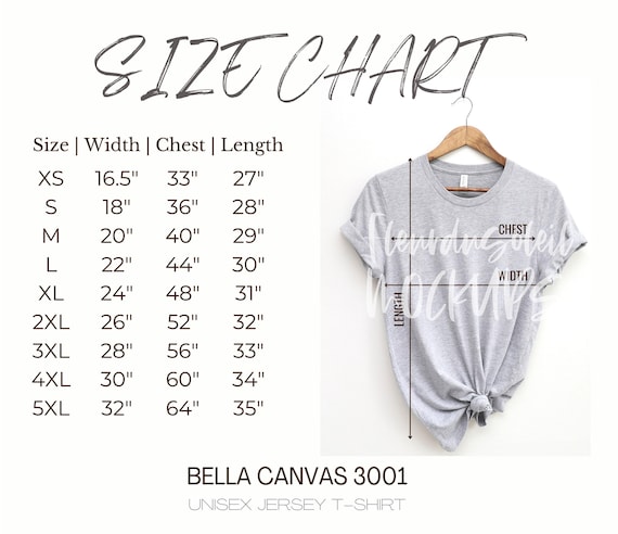 Bella Canvas 3001 Size Chart | tshirt Size Chart | Unisex Jersey Shirt Size Guide | T-shirt Sizing Chart | Shirt Measurement | Digital