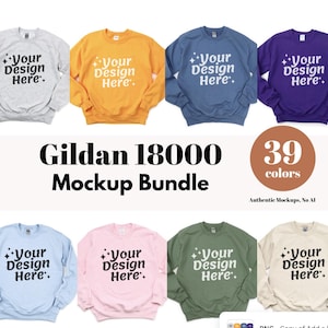 May include: A mockup bundle of Gildan 18000 sweatshirts in various colors, including gray, yellow, blue, and purple. Each sweatshirt features the text "Your Design Here." The image also includes a circle with the number "39" and the word "colors."