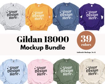 Gildan 18000 Mockup, 39 Real Colors G18000 Sweatshirt Mockup, Flat Lay Crewneck Bundle, White Background, POD Mockup