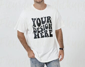 Gildan 5000 White T-Shirt Mockup | G500 White Tshirt Flat Lay Mockup | Real model mockup | Neutral Minimal Aesthetic Shirt