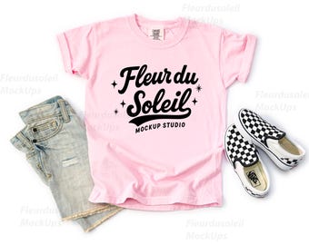 Comfort Colors C9018 Blossom Youth T-Shirt Mockup | 9018 pink Kids Tee Mock-up | Real Product Photo | Minimal Neutral Styled Shirt
