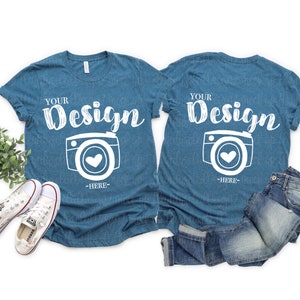 Front and Back Bella Canvas 3001 Heather Deep Teal Flat Lay Mockup bella canvas 3001 mockup T-shirt Mockup Unisex Tee Mockup tee mockup