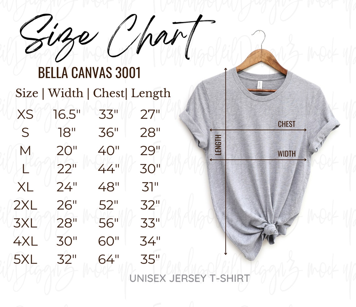 Bella Canvas 3001 Size Chart Tshirt Size Chart Unisex Etsy