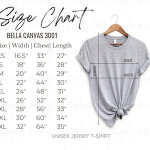 Bella Canvas 3001 Größentabelle | Tshirt Größentabelle | Unisex Jersey Shirt Größentabelle | T-Shirt Größentabelle | Shirt Messung | Digital