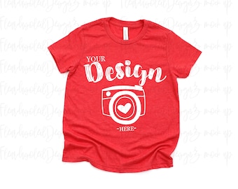 kids t shirt mockup | Bella Canvas 3001Y Youth Heather red T-shirt Flat Lay | kids mockup tshirt | Summer Mockup | Flat Lay Mockup