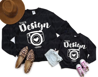 Mommy and Me Sweatshirt Mockup Gildan Sweatshirt Mockup 18000 G180 G180B Black Unisex Sweatshirt Youth Mock Up Flat Lay