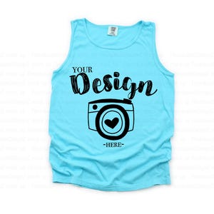 Comfort Colors 9360 Lagoon Blue Tank Top Mockup, CC9360 Teal Blue Tank Flat Lay, Real Photo, Simple Minimal Neutral Basic Background Mockup