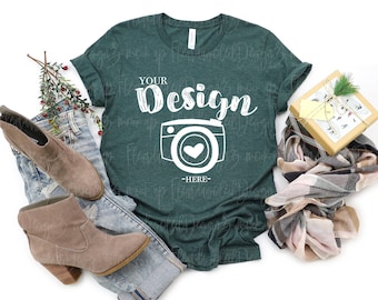 Mockup da Bella Canvas 3001 Heather Forest - Vista de cima - Mockup de camiseta - Mockup de Natal