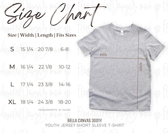 3001Y Size Charts Bella Canvas Mock Up Youth Size Chart Bella Canvas 3001Y Size Chart Bella 3001Y Mockup Sizing Guide