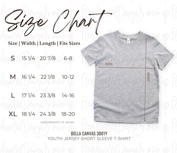 3001Y Size Charts Bella Canvas Mock Up Youth Size Chart Bella Canvas 3001Y Size Chart Bella 3001Y Mockup Sizing Guide