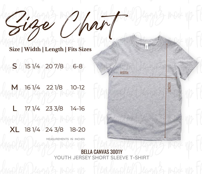 3001Y Size Charts Bella Canvas Mock Up Youth Size Chart Bella Canvas 3001Y Size Chart Bella 3001Y Mockup Sizing Guide
