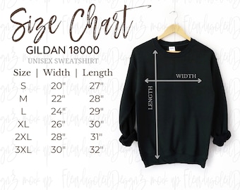 Gildan 18000 Size Chart | Hanging Size Chart for Gildan |  Gildan 1800 Mockup and size chart | White background Gildan 18000 Size Guide