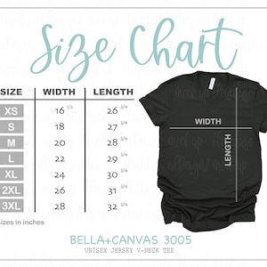 Bella Canvas Größentabelle | Bella + Canvas 3005 Größentabelle | Bella Canvas Mockup Größentabelle | bella Canvas Größe | V-Ausschnitt T-Shirt Größentabelle