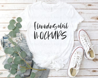 White Bella Canvas 3001 Mockup, BC3001 schlichter Hintergrund flach gelegt, echtes Foto T-Shirt, einfaches minimalistisches Neutrales ästhetisches Mockup