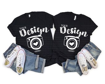 Maquette de t-shirt pour couple en toile Bella 3001 Chemises noires maquettes Couple à plat Maquettes en toile bella toile bella 3001 maquette noire