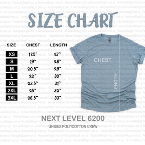Next Level 6200 Size Chart | Next Level Size Chart | Next Level T-shirt Size Chart | Next Level Unisex Poly Cotton T-Shirt Size Chart