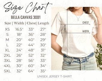 Bella Canvas 3001 Size Chart | tshirt Size Chart | Unisex Jersey Shirt Size Guide | T-shirt Sizing Chart | Shirt Measurement | Digital
