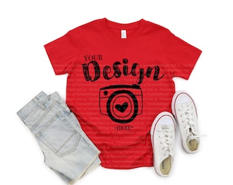 Bella Canvas 3001Y Youth Red Jersey Short-Sleeve T-shirt Flat Lay T-Shirt Mock Up Mock Up Flat Lay