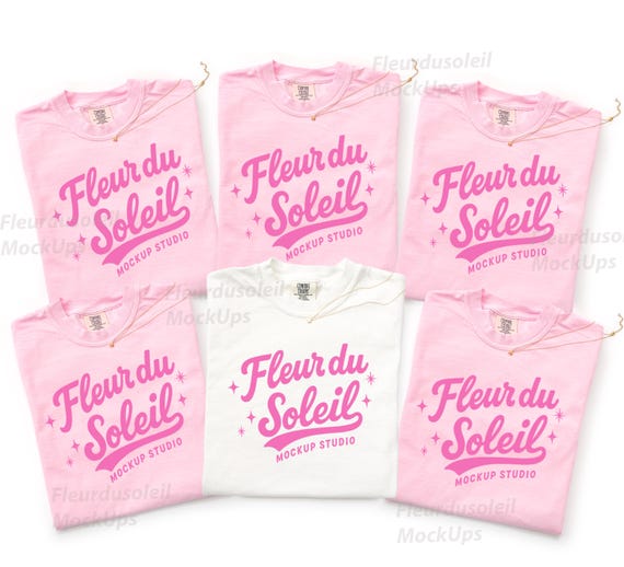 Comfort Colors 1717 Group Shirt Mockup | CC 1717 White, Blossom Folded Tee Mockup | Bridal Bachelorette Flatlay