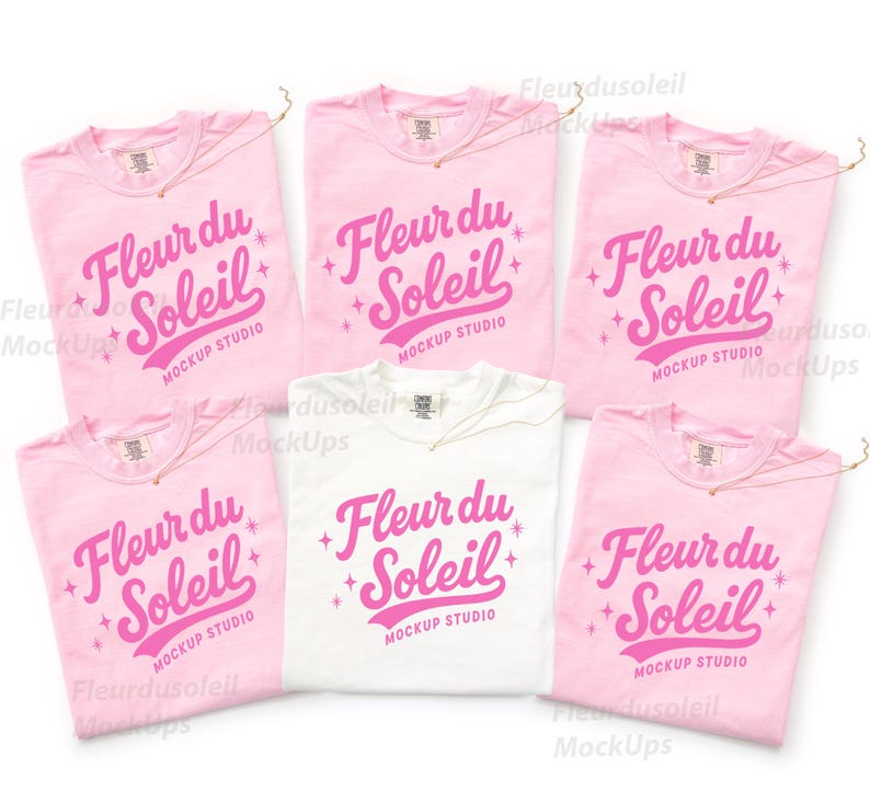 Comfort Colors 1717 Group Shirt Mockup | CC 1717 White, Blossom Folded Tee Mockup | Bridal Bachelorette Flatlay