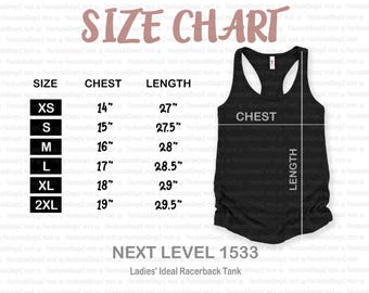 Tabella taglie Next Level / Tabella taglie Next Level 1533 / Tabella taglie mockup / tee NEXT LEVEL / Tabella taglie canotta Racerback