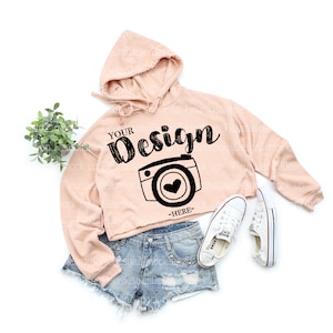 Bella Canvas 7502 peach Crop Hoodie Mockup | Womens Crop Hoodie Sweatshirt Mockup | White 7502 Crop Hoodie Flatlay