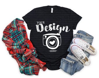 Mockup Bella Canvas 3001 zwart | Mockup T-shirt Bella en Canvas | Mockup kerstt-shirt | Uniseks T-shirt | Platliggend | Herfstmodel
