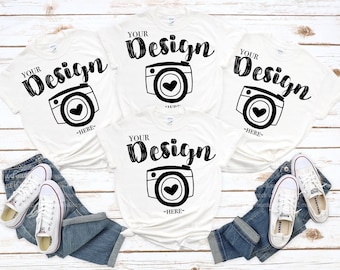 spring mock up photo family t-shirt mockup White T-Shirt Gildan 5000 White  Mock Up Family Flat Lay friend mock up