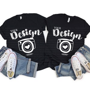 Couple t-shirt mockup Bella Canvas 3001 Black Mock Up Shirts Couple Flat Lay bella canvas mockups bella canvas 3001 black mockup